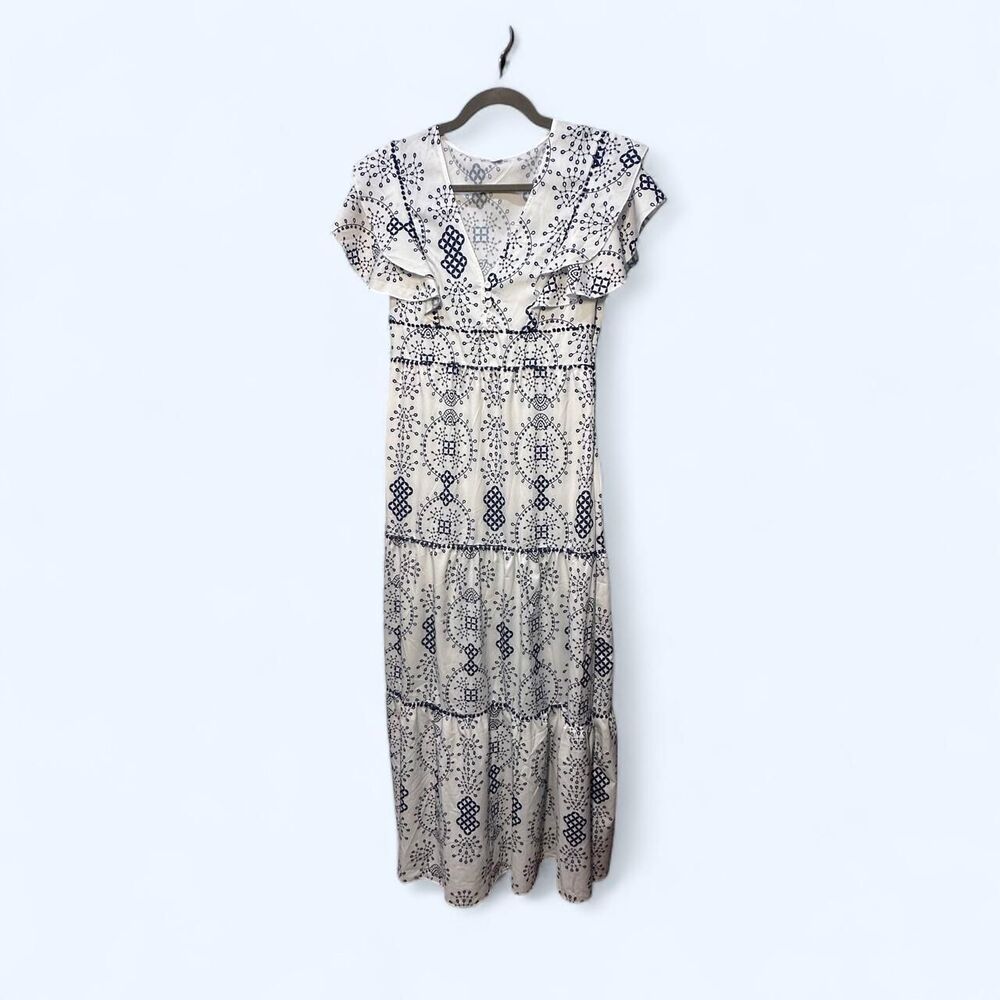 Boho Blue & White Flutter Sleeve Tiered Maxi Sundress Size M - Picture 1 of 6